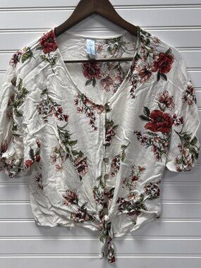 M Fasis Women’s Crop Knit Button Tie Blouse White Red Pretty Cute Floral Size S
